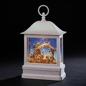 10.5" tall LED Holy Family Nativity Christmas Lantern with continuous confetti swirl motion with the waterglobe effect. Batteries not included. Resin/Plastic; Measures 10.375" tall x 6.75" wide x 3.25" deep. Gift Boxed.