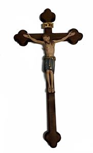 Romanesque 13" Wood Wall Crucifix from Italy, Colored Corpus