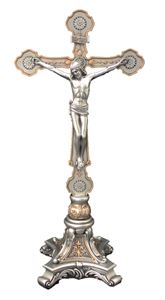 Standing Crucifix in a pewter style finish with golden highlights, 13"