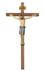19" Crucifix from Italy! ?Straight Wooden Wall Cross with 8" San Damiano Colored Corpus ?For decades PEMA (Peter Mahlknecht) has been a prominent wood carving shop in Italy. 