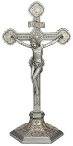 Ornate Crucifix in a pewter style finish with golden highlights, 22.5". STANDING.