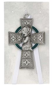 3 1/4" Pewter Celtic Cross Baby Girl Crib Medal With Green Enamel