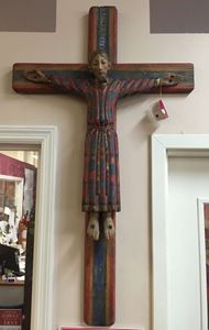 46" Christ The King "Batllo" On Cross. Antique Wood Carved Made In Italy