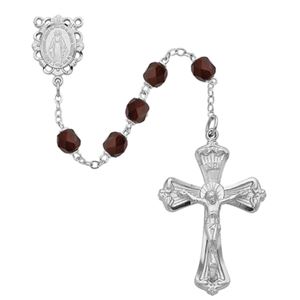 6mm Garnet Rosary W/Rhodium Crucifix And Center Gift Boxed