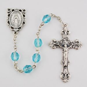 6mm March Aqua Rosary Silver Oxidized Crucifix And Center, Gift Boxed