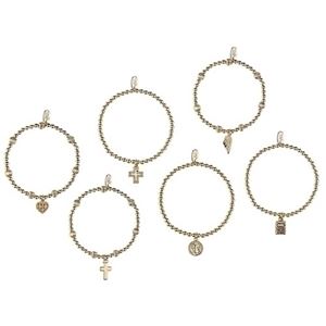 Gold Beaded 7" Stretch Bracelets with Assorted Charms, Sold Each