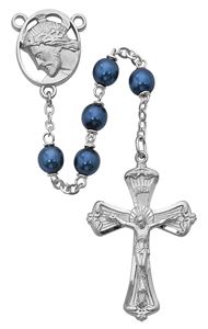 7mm Blue Metallic Rosary Rhodium Crucifix And Center Gift Boxed