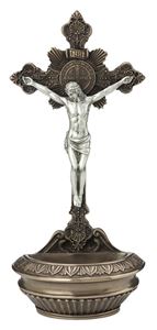 St. Benedict Crucifixion holy water font in cold cast bronze with a pewter style corpus, 9.5". Stands or Hangs.