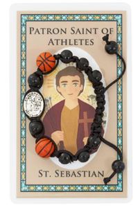 Basketball Adjustable Corded Wood Bracelet with St. Sebastian Medal and Prayer Card