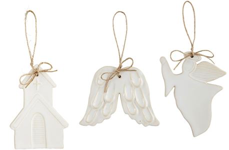 Assorted Church/Wings/Angel White Glazed Ornaments, Sold Each