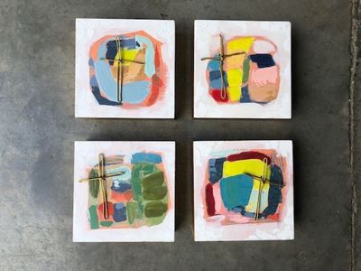 Assorted Handpainted Abstract Block with Metal Cross, SOLD EACH