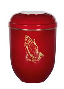 Biodegradable Red Urn with Praying Hands 10.5" tall.