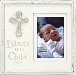 Bless this Child cream distressed wood with mat and cross attachment. Holds 4" x 6" photo. 