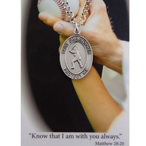 Boys St. Christopher Pewter Baseball Medal on 24" Chain with Prayer Card