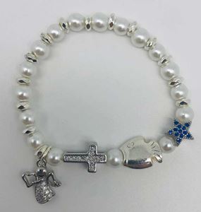 Childs White 4mm Pearl Bead Bracelet with Cross and Charms