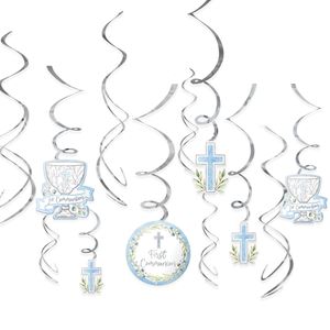 First Communion Value Pack Spiral Decorations - Blue Contains:  6 Swirls 6 Swirls w/Foil & Paper Cutouts, 5" - 7"