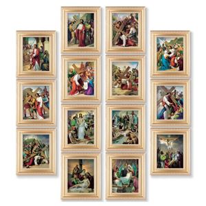 Fine Detail Scrollwork Satin Gold Frame with the Stations of the Cross, 14 Piece Set