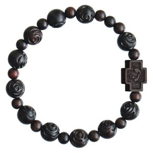 Genuine Jujube Dark Wood Rosary Bracelet with 10 mm Hand Carved Rose Beads