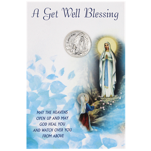 Get Well Soon (Our Lady of Lourdes) Greeting Card with Removable Pocket Token and Envelope.?  Made in Italy