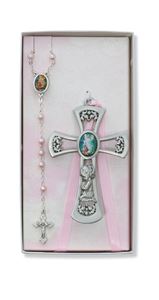 Guardian Angel Crib Medal and Rosary Set, Pink