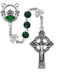 Irish Shamrock 8mm Green Rosary with Claddagh Centerpiece