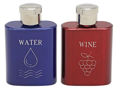 Stainless steel. 2-1/4" H., 1 oz. cap. Engraved WATER and WINE. Pair.
