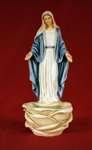 Our Lady of Grace holy water font that stands or hangs in hand-painted alabaster & resin, 6". Made in Italy.