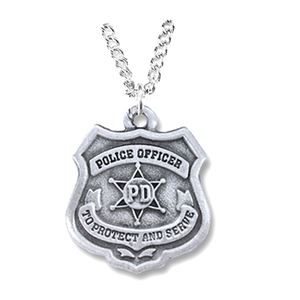 Police Officer Shield Pewter Medal with Cross on Back on 18" Chain