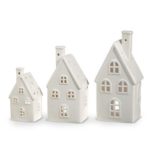 Set of 3 White Ceramic Tealight Houses