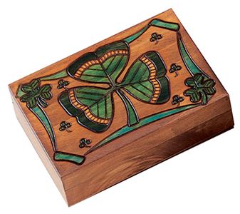 Shamrock Keepsake Box from PolandA salute to all that is Irish, featuring 11 shamrocks. Hand stained and hand carved. Maple finish.
