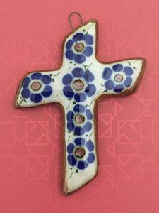 Small Hand Painted Glazed Ceramic Cross with Flowers (Angle) from Mexico