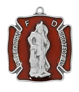 St. Florian Pewter and Red Firefighter Medal on 24" Chain