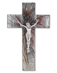 10" SHIMMERING SILVER GLASS CROSS WITH PEWTER CORPUS