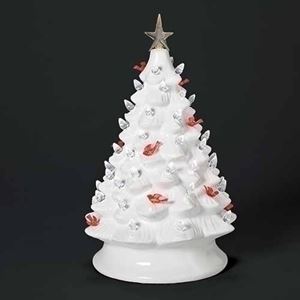 White Porcelain 13.5" Lighted Christmas Tree with Cardinals and Twinkle Lights